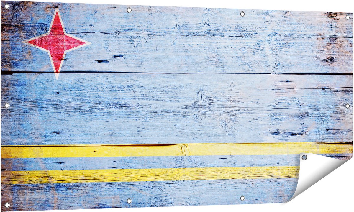 Gards Tuinposter Aruba Vlag op Hout - 140x70 cm - Tuindoek - Tuindecoratie - Wanddecoratie buiten - Tuinschilderij Multikleur