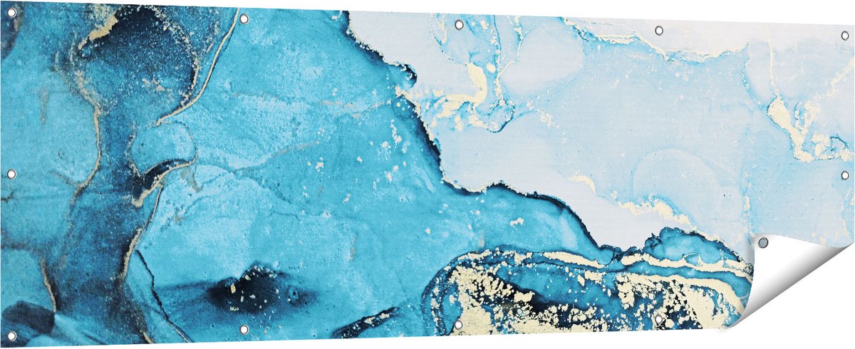 Gards Tuinposter Abstracte Kunst van Blauwe Marmer met Goud - 180x60 cm - Tuindoek - Tuindecoratie - Wanddecoratie buiten - Tuinschilderij Multikleur