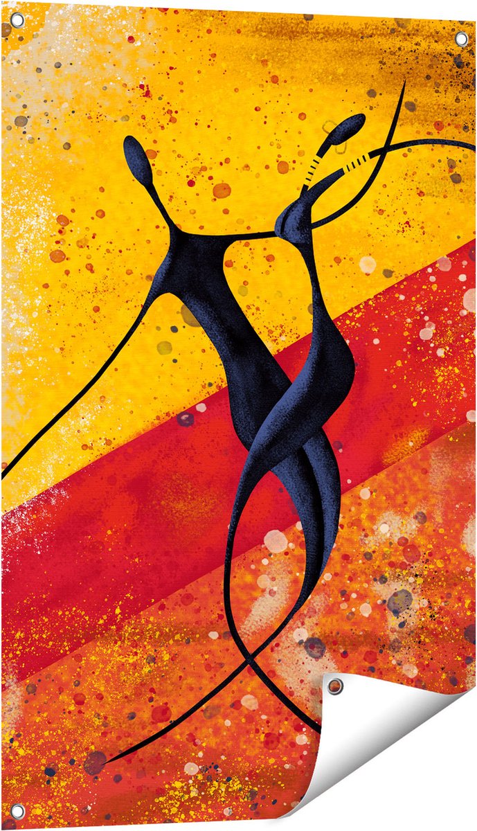 Gards Tuinposter Abstracte Kunst - Dansend Afrikaans Paar - 60x90 cm - Tuindoek - Tuindecoratie - Wanddecoratie buiten - Tuinschilderij Multikleur