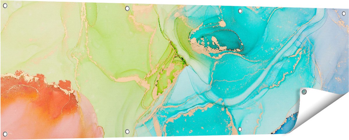 Gards Tuinposter Abstracte Kunst - Kleurrijke Marmer - 150x50 cm - Tuindoek - Tuindecoratie - Wanddecoratie buiten - Tuinschilderij Multikleur
