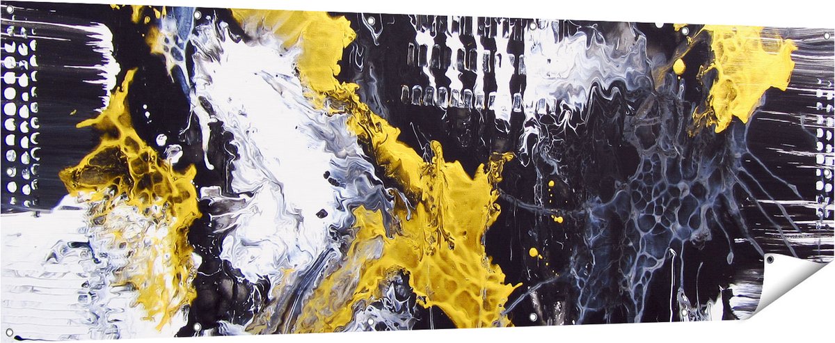 Gards Tuinposter Abstracte Kunst met Zwart, Wit en Goud - 210x70 cm - Tuindoek - Tuindecoratie - Wanddecoratie buiten - Tuinschilderij Multikleur