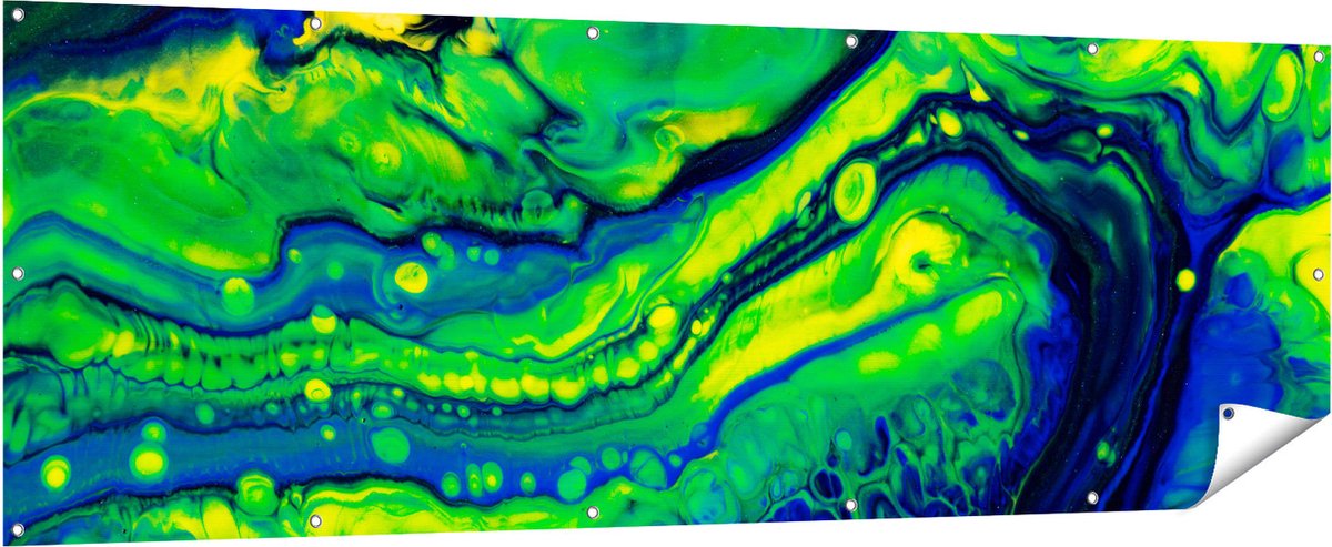 Gards Tuinposter Abstracte Kunst Blauw met Groen - 210x70 cm - Tuindoek - Tuindecoratie - Wanddecoratie buiten - Tuinschilderij Multikleur