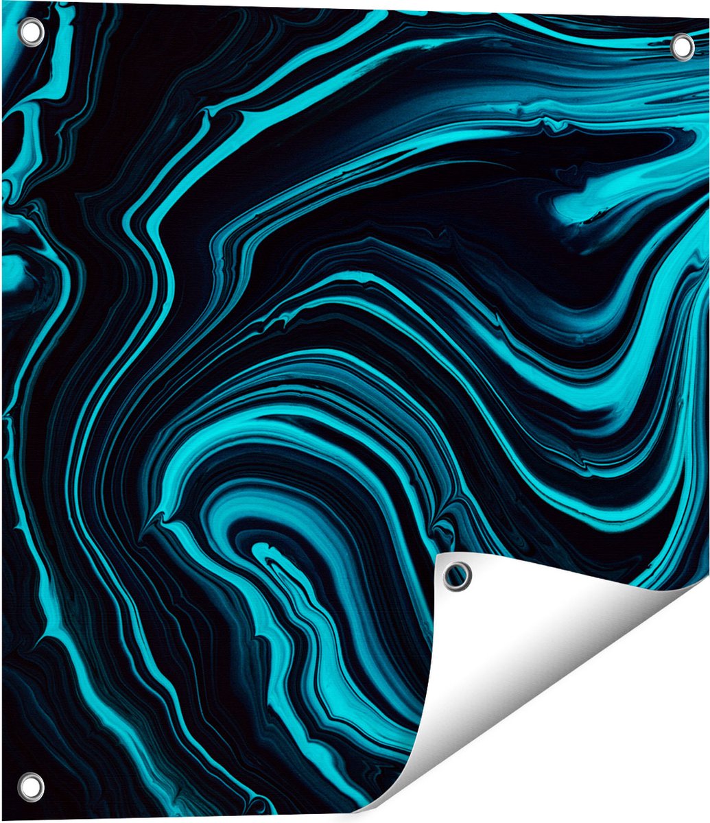 Gards Tuinposter Abstracte Kunst - Aqua Blauw met Zwart - 50x50 cm - Tuindoek - Tuindecoratie - Wanddecoratie buiten - Tuinschilderij Multikleur