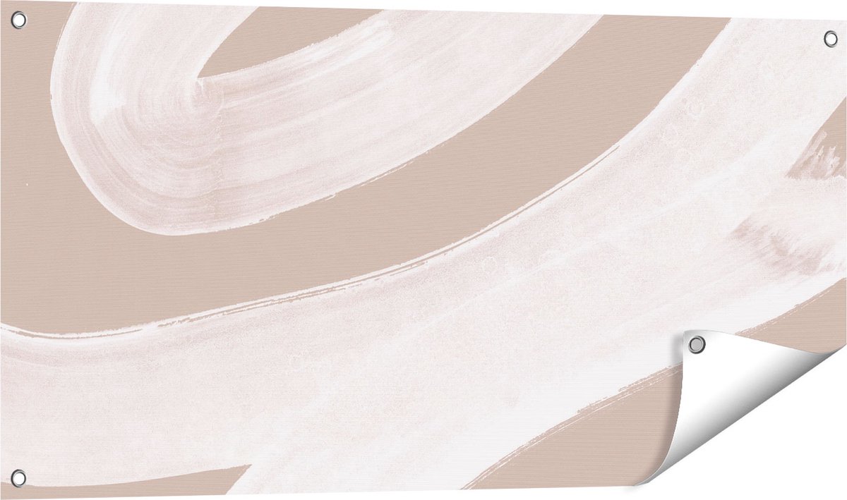 Gards Tuinposter Abstracte Kunst - Witte Strepen op Beige - 100x50 cm - Tuindoek - Tuindecoratie - Wanddecoratie buiten - Tuinschilderij Multikleur