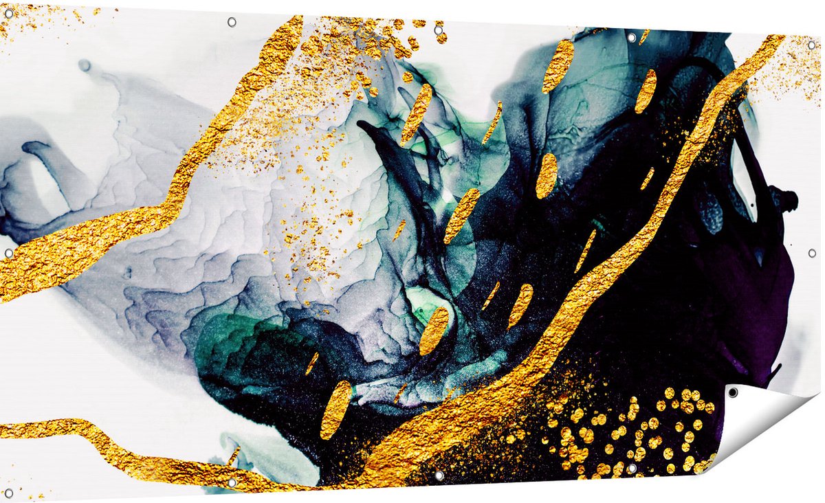 Gards Tuinposter Abstracte Kunst - Zwart Wit met Gouden Strepen - 180x90 cm - Tuindoek - Tuindecoratie - Wanddecoratie buiten - Tuinschilderij Multikleur