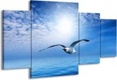 GroepArt - Schilderij -  Vogel - Wit, Blauw - 160x90cm 4Luik - Schilderij Op Canvas - Foto Op Canvas