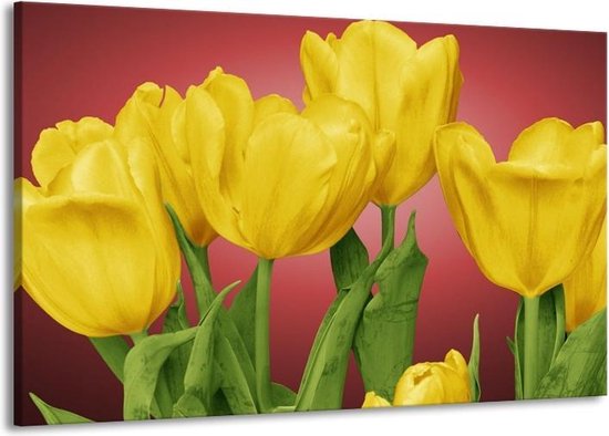Schilderij Op Canvas - Groot -  Tulpen - Geel, Rood, Groen - 140x90cm 1Luik - GroepArt 6000+ Schilderijen Woonkamer - Schilderijhaakjes Gratis