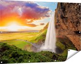 Gards Tuinposter Waterval in IJsland met Zonsondergang - 120x80 cm - Tuindoek - Tuindecoratie - Wanddecoratie buiten - Tuinschilderij