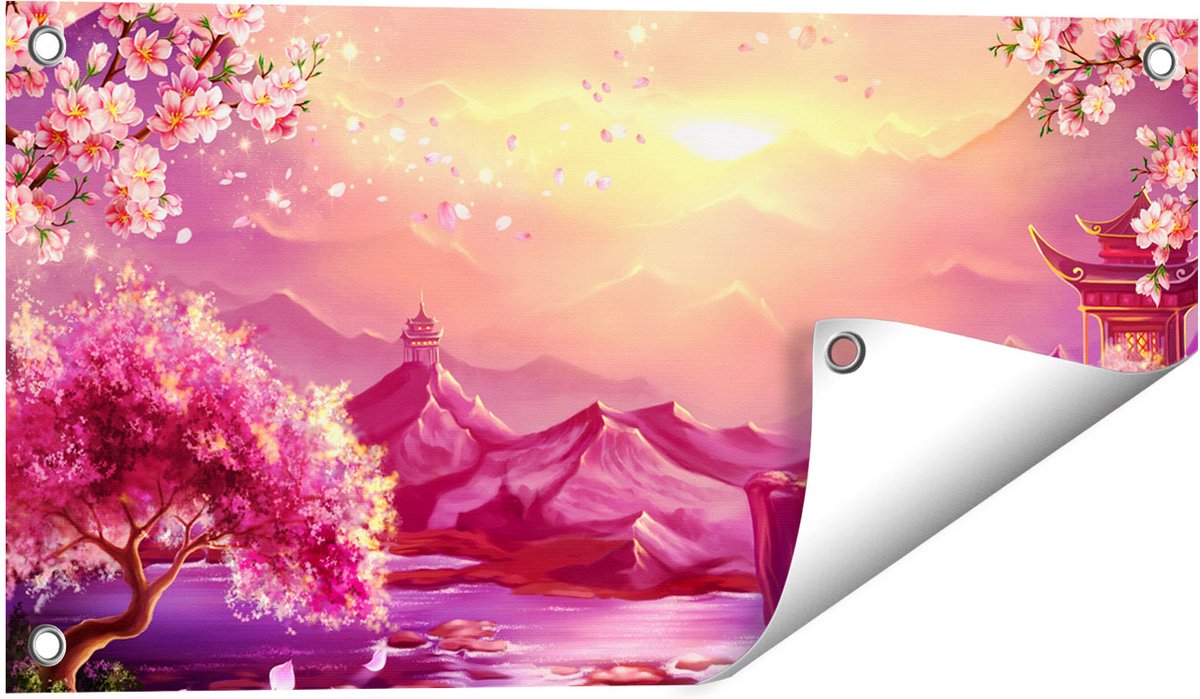 Gards Tuinposter Illustratie van Watervallen met Bloesems - 60x30 cm - Tuindoek - Tuindecoratie - Wanddecoratie buiten - Tuinschilderij Multikleur