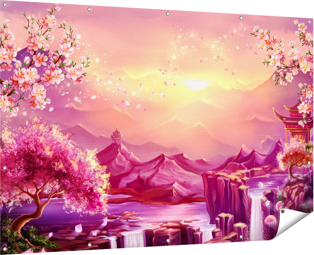 Gards Tuinposter Illustratie van Watervallen met Bloesems - 180x120 cm - Tuindoek - Tuindecoratie - Wanddecoratie buiten - Tuinschilderij Multikleur