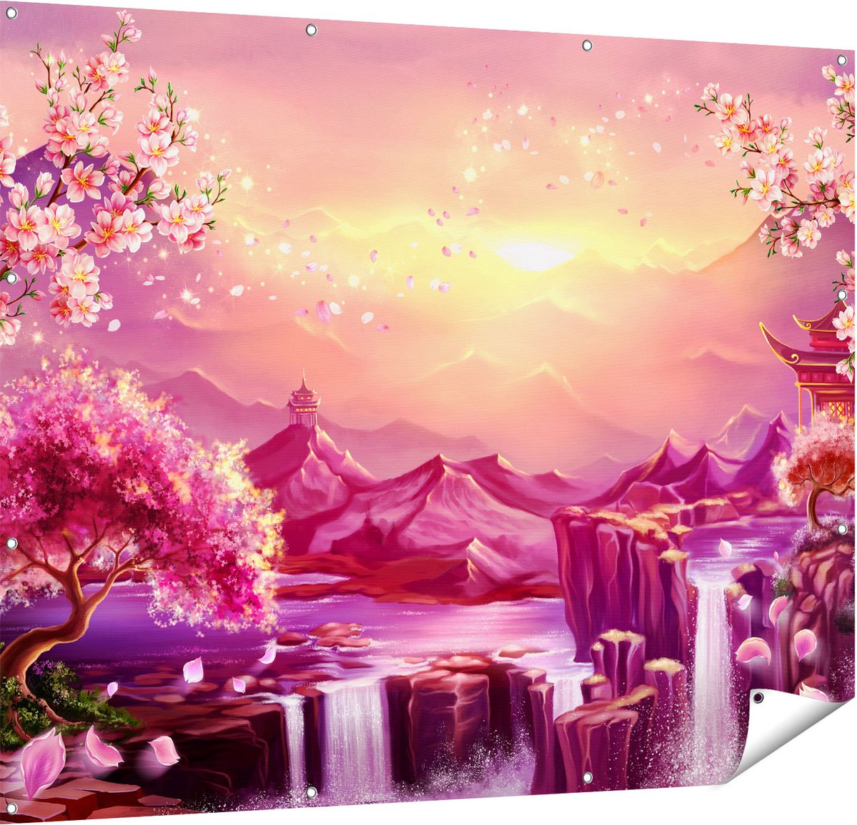 Gards Tuinposter Illustratie van Watervallen met Bloesems - 150x120 cm - Tuindoek - Tuindecoratie - Wanddecoratie buiten - Tuinschilderij Multikleur