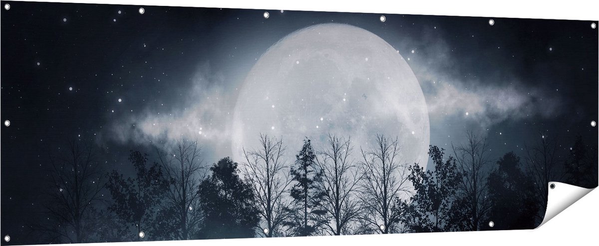 Gards Tuinposter Maan tussen de Bomen in de Nacht - 210x70 cm - Tuindoek - Tuindecoratie - Wanddecoratie buiten - Tuinschilderij Multikleur