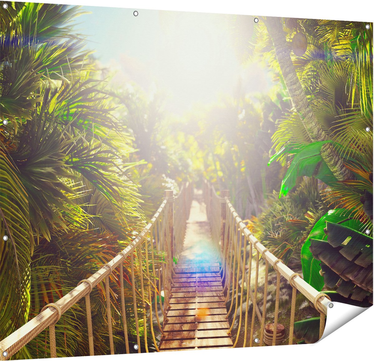 Gards Tuinposter Houten Brug in de Tropische Jungle - 150x120 cm - Tuindoek - Tuindecoratie - Wanddecoratie buiten - Tuinschilderij Multikleur