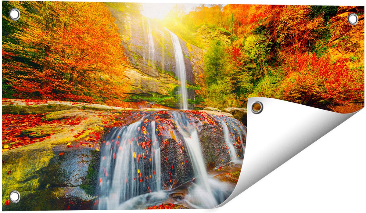 Gards Tuinposter Waterval in de Herfst Kleuren - 60x30 cm - Tuindoek - Tuindecoratie - Wanddecoratie buiten - Tuinschilderij Multikleur