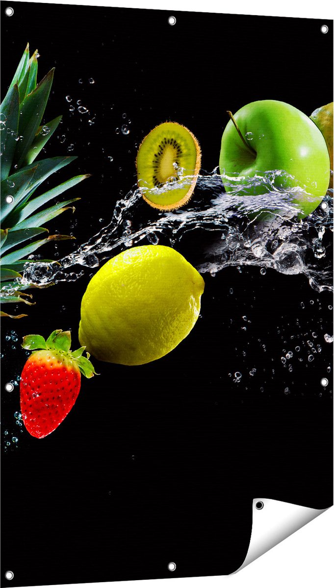 Gards Tuinposter Fruit met Water op Zwart Achtergrond - 80x120 cm - Tuindoek - Tuindecoratie - Wanddecoratie buiten - Tuinschilderij Multikleur