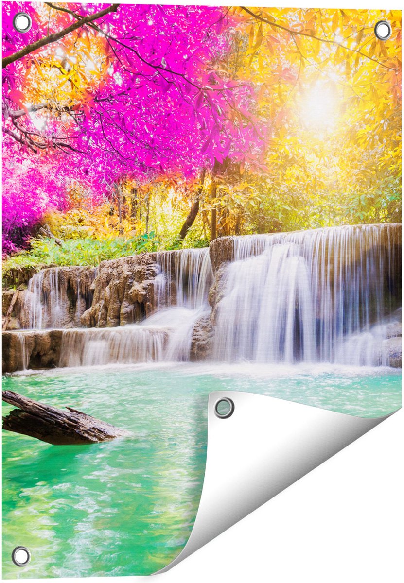 Gards Tuinposter Waterval met Groen Water en Roze Bladeren - 40x50 cm - Tuindoek - Tuindecoratie - Wanddecoratie buiten - Tuinschilderij Multikleur