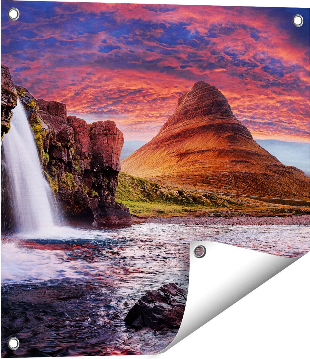 Gards Tuinposter Waterval bij een Berg - 50x50 cm - Tuindoek - Tuindecoratie - Wanddecoratie buiten - Tuinschilderij Multikleur