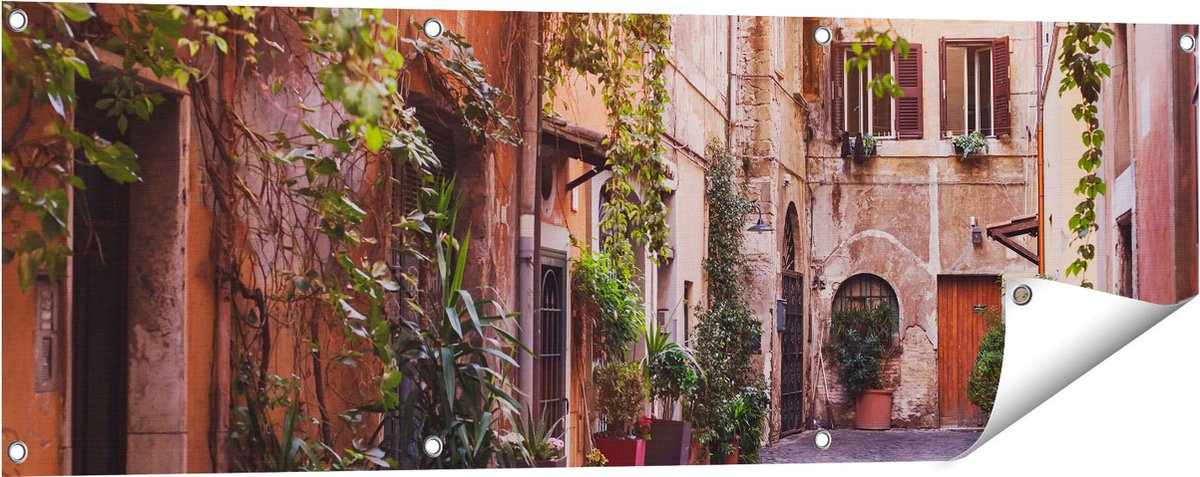 Gards Tuinposter Straatje in Rome met Groene Planten - 120x40 cm - Tuindoek - Tuindecoratie - Wanddecoratie buiten - Tuinschilderij Multikleur