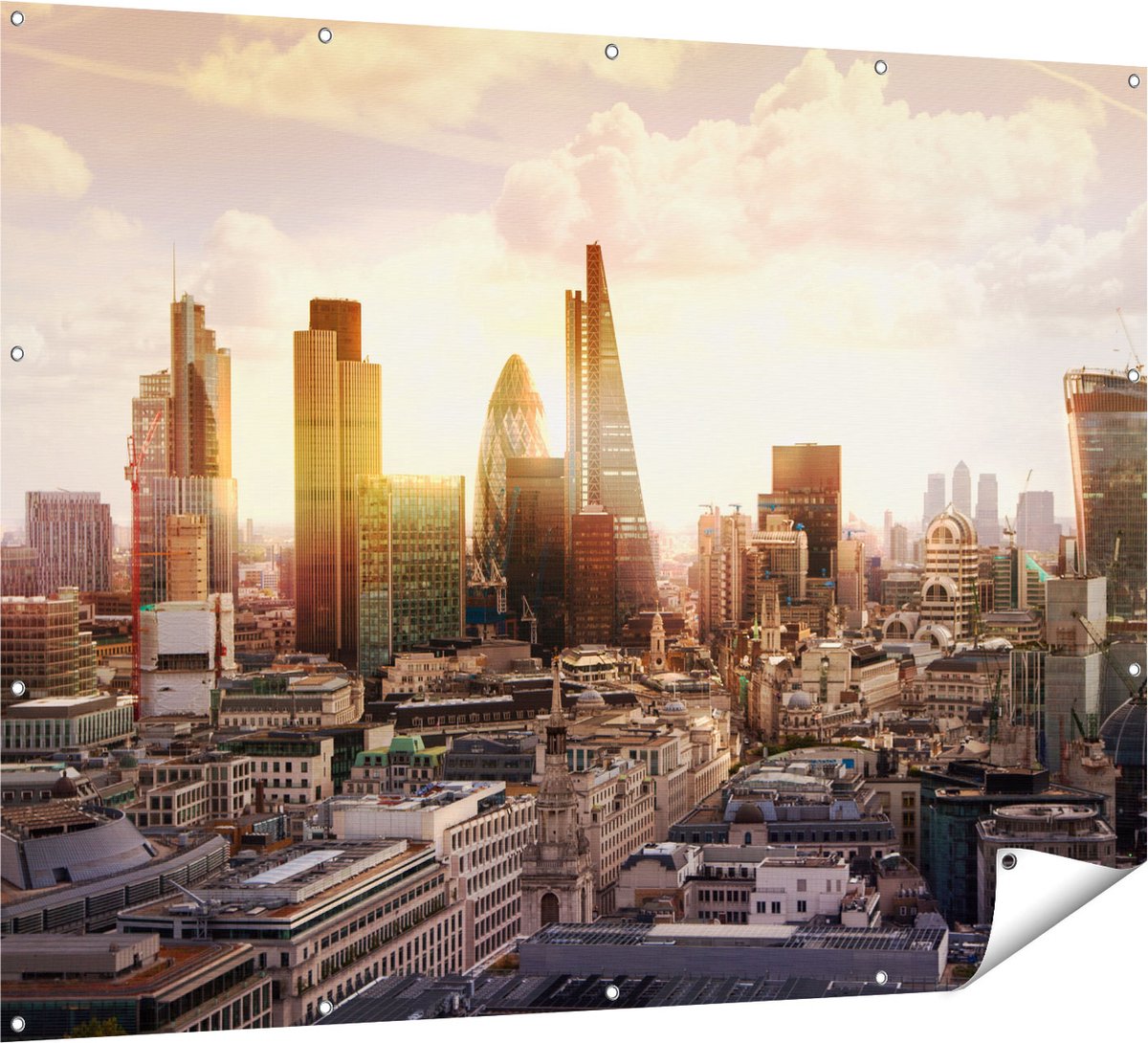 Gards Tuinposter Londen bij Zonsondergang in een Moderne Wijk - 160x120 cm - Tuindoek - Tuindecoratie - Wanddecoratie buiten - Tuinschilderij Multikleur