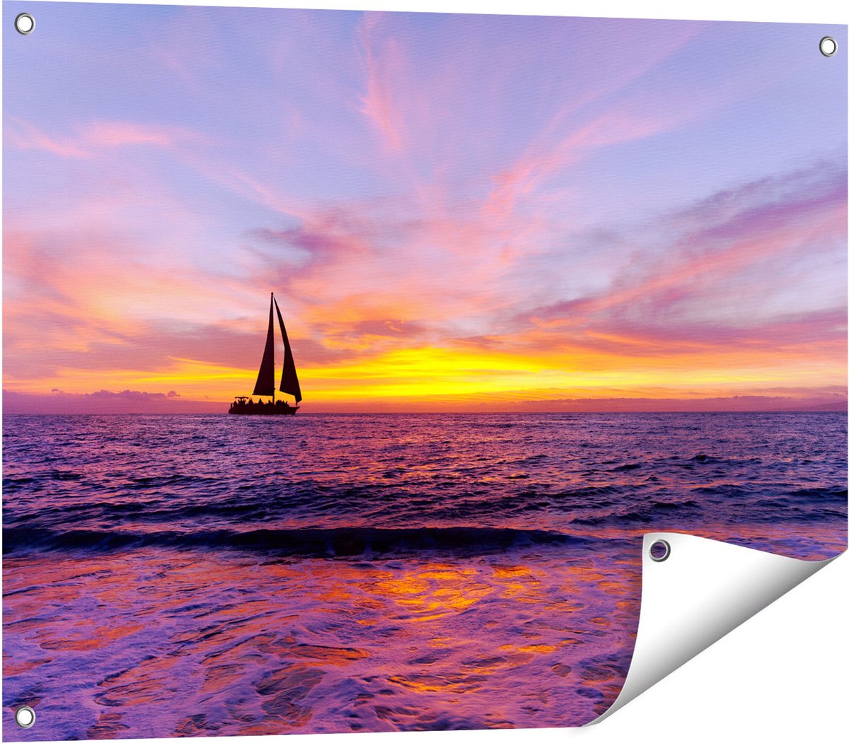 Gards Tuinposter Zeilboot Silhouet bij Zonsondergang - 80x60 cm - Tuindoek - Tuindecoratie - Wanddecoratie buiten - Tuinschilderij Multikleur