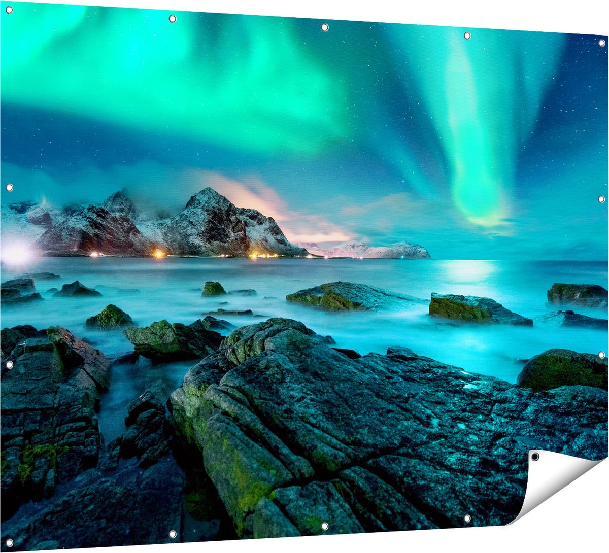 Gards Tuinposter Noorderlicht boven het Water bij Rotsen - 160x120 cm - Tuindoek - Tuindecoratie - Wanddecoratie buiten - Tuinschilderij Multikleur
