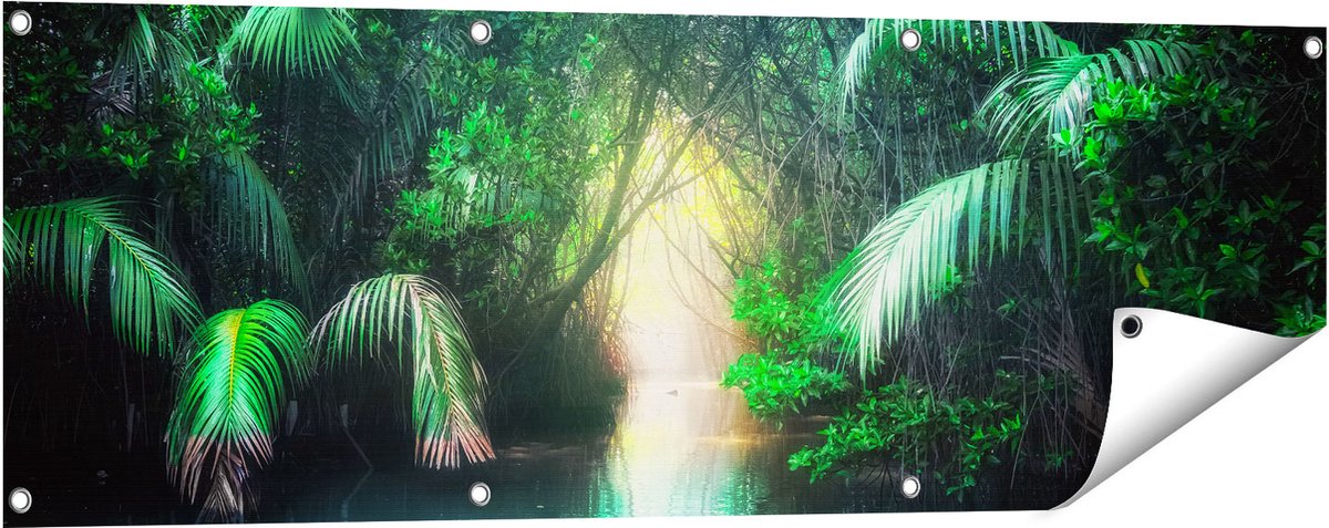 Gards Tuinposter Tropische Jungle met een Turquoise Meer - 120x40 cm - Tuindoek - Tuindecoratie - Wanddecoratie buiten - Tuinschilderij Multikleur