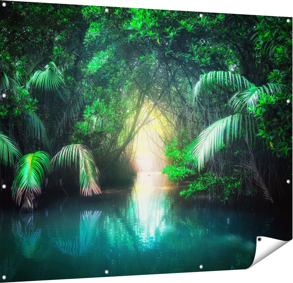 Gards Tuinposter Tropische Jungle met een Turquoise Meer - 150x120 cm - Tuindoek - Tuindecoratie - Wanddecoratie buiten - Tuinschilderij Multikleur