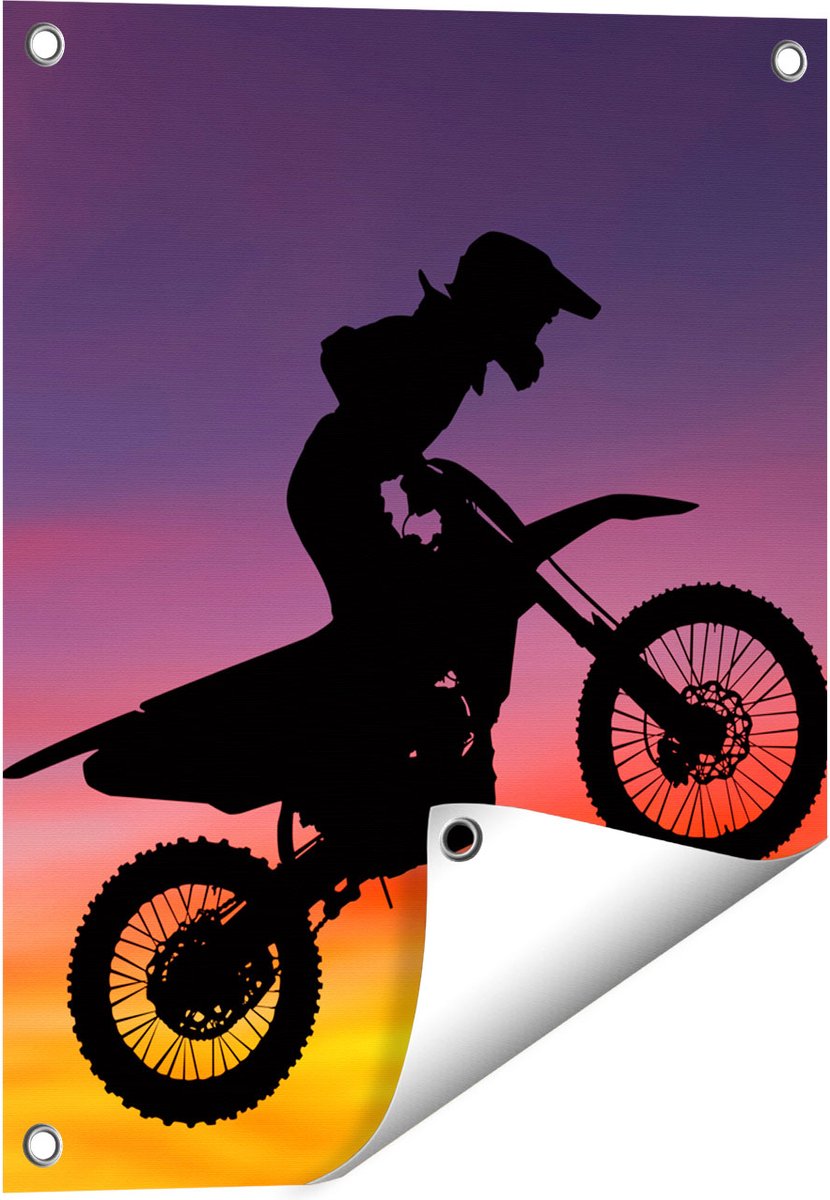 Gards Tuinposter Silhouet van een Motorcross in de Lucht - 40x50 cm - Tuindoek - Tuindecoratie - Wanddecoratie buiten - Tuinschilderij Multikleur