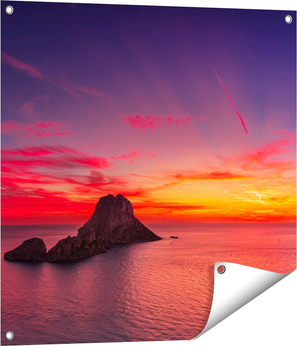 Gards Tuinposter Ibiza Rotsen Eiland bij Zonsondergang - 70x70 cm - Tuindoek - Tuindecoratie - Wanddecoratie buiten - Tuinschilderij Multikleur