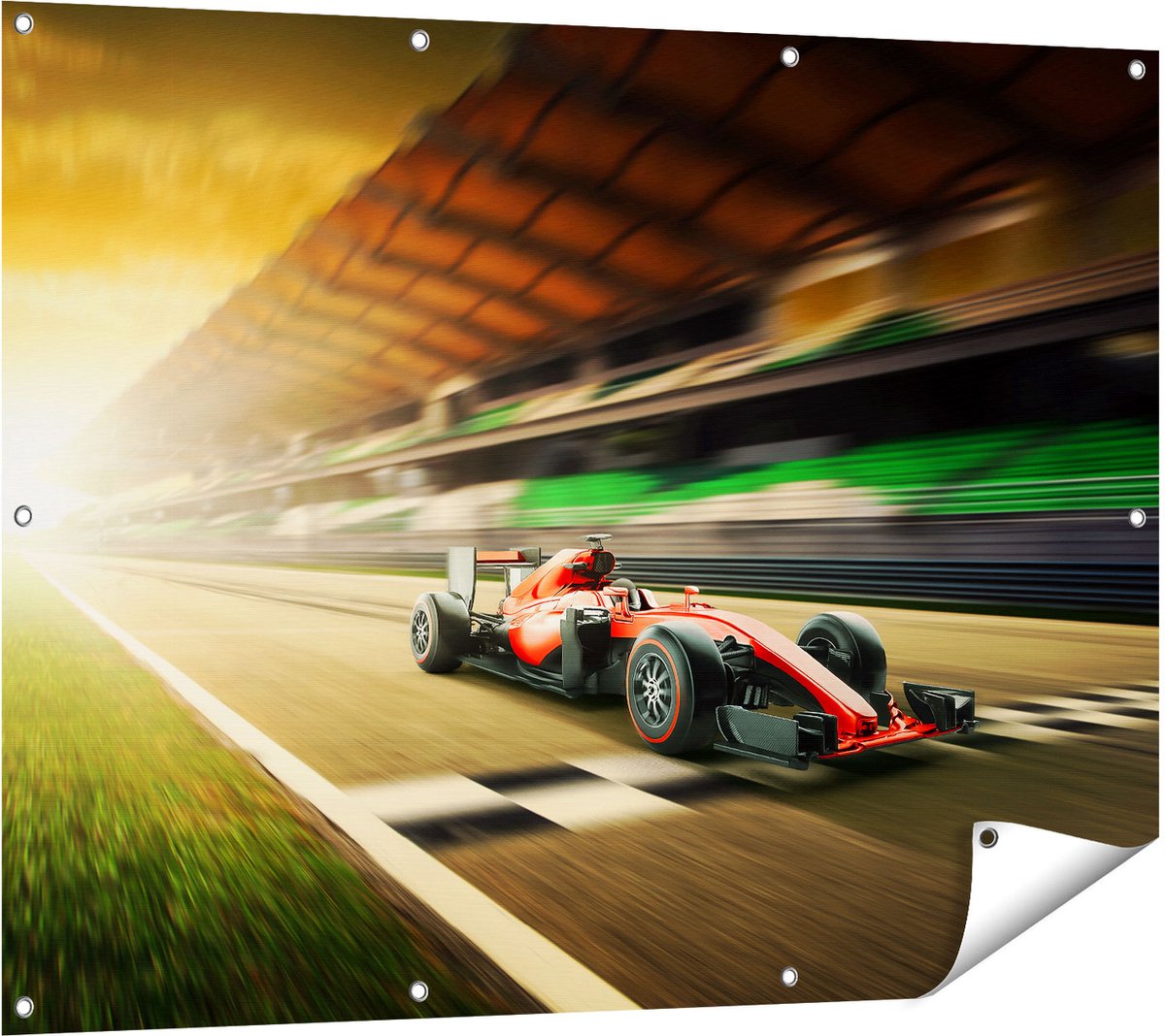 Gards Tuinposter Formule 1 Auto bij de Finish in het Rood - 120x90 cm - Tuindoek - Tuindecoratie - Wanddecoratie buiten - Tuinschilderij Multikleur