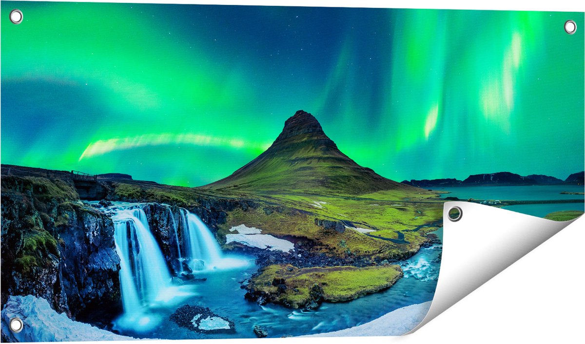 Gards Tuinposter Noorderlicht bij de Watervallen in IJsland - 80x40 cm - Tuindoek - Tuindecoratie - Wanddecoratie buiten - Tuinschilderij Multikleur