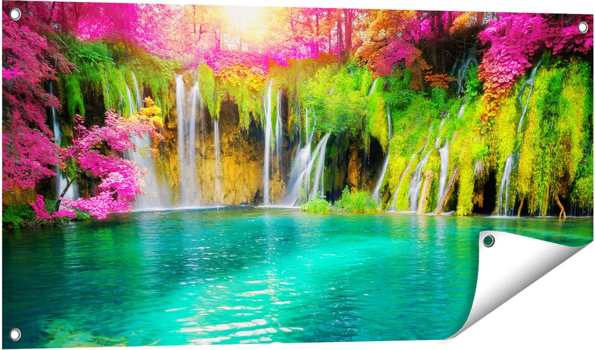Gards Tuinposter Waterval met Roze en Groene Bloemen - 100x50 cm - Tuindoek - Tuindecoratie - Wanddecoratie buiten - Tuinschilderij Multikleur
