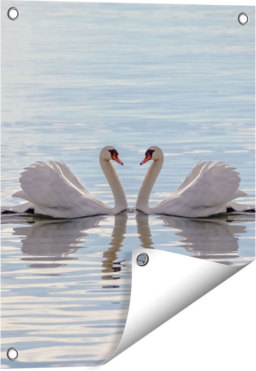 Gards Tuinposter Zwanen Koppel op het Water - 40x50 cm - Tuindoek - Tuindecoratie - Wanddecoratie buiten - Tuinschilderij Multikleur