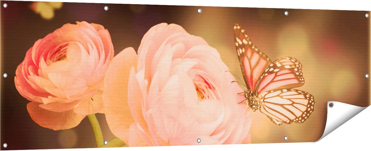 Gards Tuinposter Twee Roze Vlinders bij Roze Rozen - 180x60 cm - Tuindoek - Tuindecoratie - Wanddecoratie buiten - Tuinschilderij Multikleur