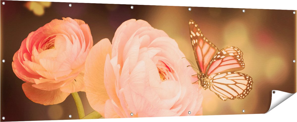Gards Tuinposter Twee Roze Vlinders bij Roze Rozen - 210x70 cm - Tuindoek - Tuindecoratie - Wanddecoratie buiten - Tuinschilderij Multikleur