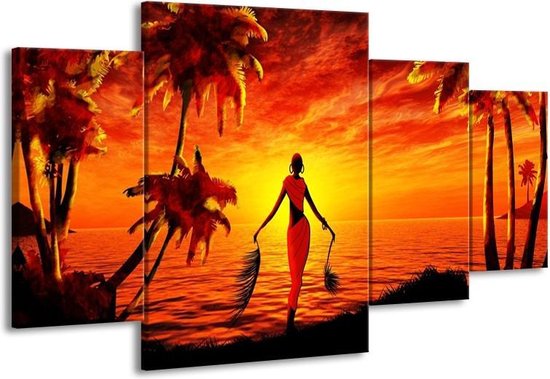 GroepArt - Schilderij -  Afrika - Geel, Oranje, Zwart - 160x90cm 4Luik - Schilderij Op Canvas - Foto Op Canvas