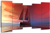 GroepArt - Canvas Schilderij - Zeilboot - Rood, Blauw, Geel - 150x80cm 5Luik- Groot Collectie Schilderijen Op Canvas En Wanddecoraties
