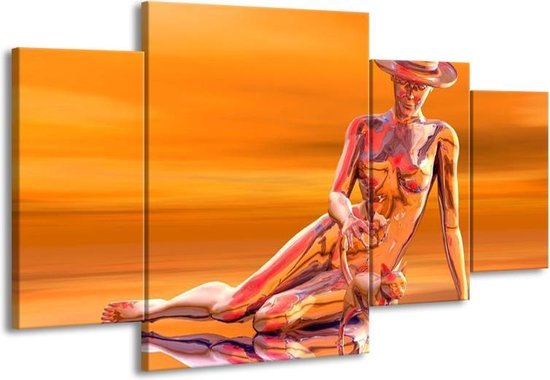 GroepArt - Schilderij -  Abstract - Oranje, Grijs, Geel - 160x90cm 4Luik - Schilderij Op Canvas - Foto Op Canvas