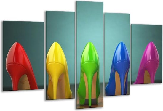 Glasschilderij Schoenen, Vrouw - Groen, Blauw, Rood - 170x100cm 5Luik - Foto Op Glas - Geen Acrylglas Schilderij - 6000+ Glasschilderijen Collectie - Wanddecoratie