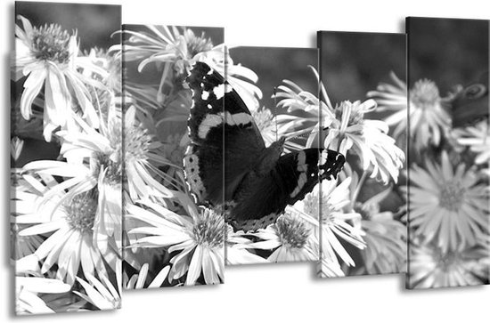 GroepArt - Canvas Schilderij - Bloemen, Vlinder - Zwart, Wit, Grijs - 150x80cm 5Luik- Groot Collectie Schilderijen Op Canvas En Wanddecoraties