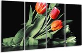 GroepArt - Glasschilderij - Tulp - Rood, Oranje, Groen - 160x80cm 4Luik - Foto Op Glas - Geen Acrylglas Schilderij - 6000+ Glasschilderijen Collectie - Wanddecoratie