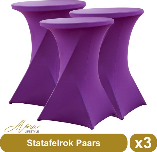 Statafelrok paars 80 cm per 3 - partytafel - Alora tafelrok voor statafel - Statafelhoes - Bruiloft - Cocktailparty - Stretch Rok - Set van 3