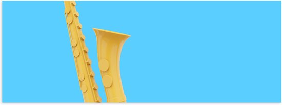 Poster (Mat) - Gele Saxofoon tegen Blauwe Achtergrond - 60x20 cm Foto op Posterpapier met een Matte look