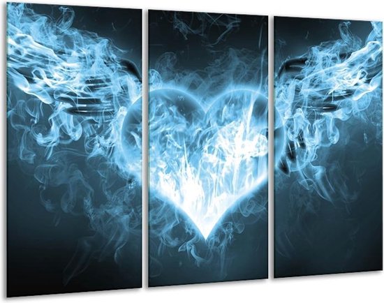 Glasschilderij Hart, Vuur - Blauw, Wit - 120x80cm 3Luik - Foto Op Glas - Geen Acrylglas Schilderij - GroepArt 6000+ Glas Art Collectie - Maatwerk Mogelijk