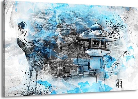 bol.com | Schilderij | Canvas Schilderij Vogel, Chinese gebouw | Blauw,  Zwart, Wit | 140x90cm...