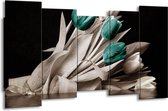 GroepArt - Canvas Schilderij - Tulpen - Blauw, Wit, Zwart - 150x80cm 5Luik- Groot Collectie Schilderijen Op Canvas En Wanddecoraties
