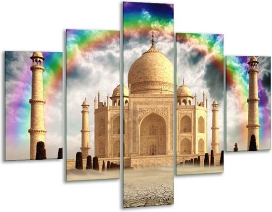 Glasschilderij -  Taj Mahal - Crème - 100x70cm 5Luik - Geen Acrylglas Schilderij - GroepArt 6000+ Glasschilderijen Collectie - Wanddecoratie- Foto Op Glas