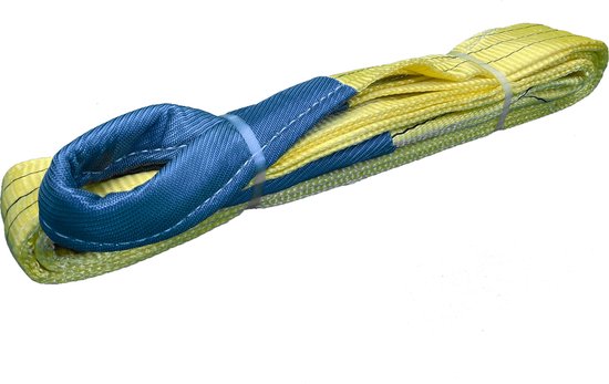 Gele hijsband met blauw verstevigde lus aan één uiteinde, op witte achtergrond.