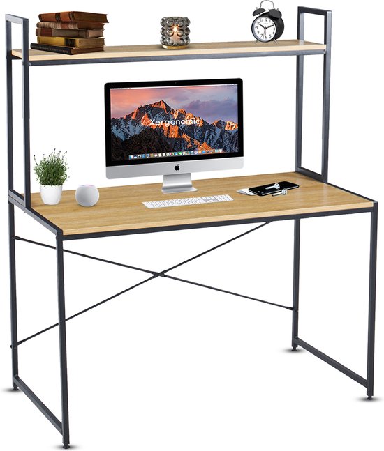 Bureau industriel Xergonomic avec étagère - Structure en acier avec plateau en bois - Table pour ordinateur portable robuste - L120xP60xH140 cm - Zwart/ Naturel