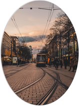 PVC Schuimplaat Ovaal - Tram door de Straten van Amsterdam - 60x80 cm Foto op Ovaal (Met Ophangsysteem)